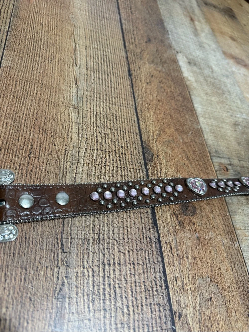 Nocona Girls Pink Heart Concho Belt Brown Rhinestone - N4425202 Size 24 Pre owne